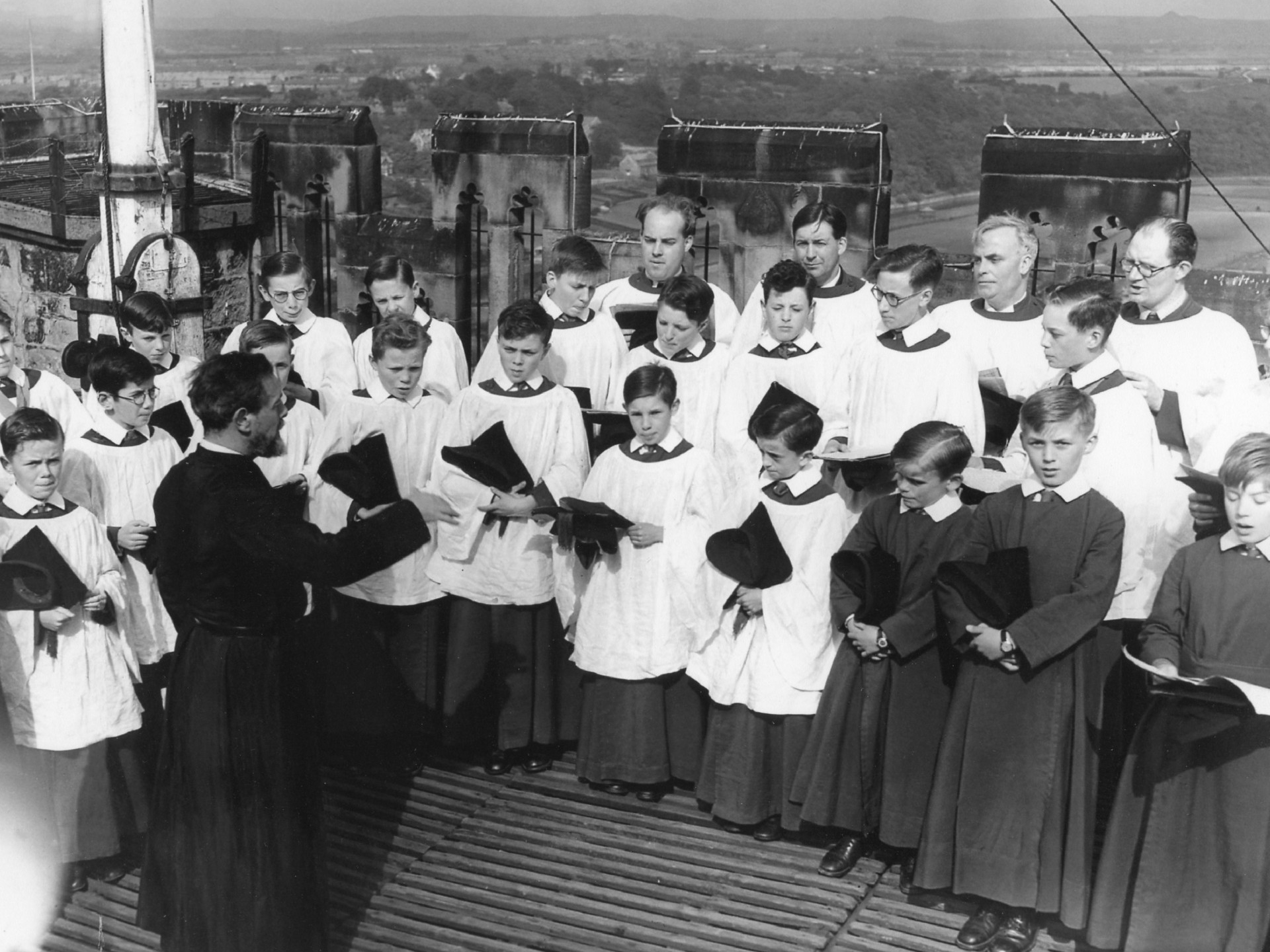 Cathedral Choristers on the Tower of Durham Cathedral circa 1952