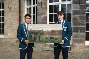 Two players holding rugby painting